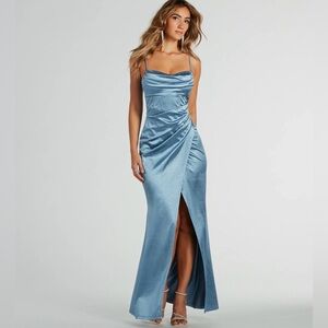 Windsor Lana Cowl Neck Satin Glitter Formal Blue Dress, Size L